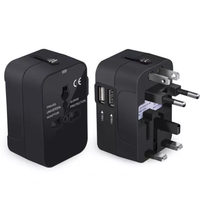 World Wide Travel Adapter Multi Plug Universal Charger UK EU AU US 2 USB Port