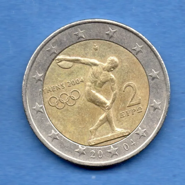 Greece. 2 Euro Athens 2004 Olympic Games Used = L@@K Discus Thrower, Greek Coin