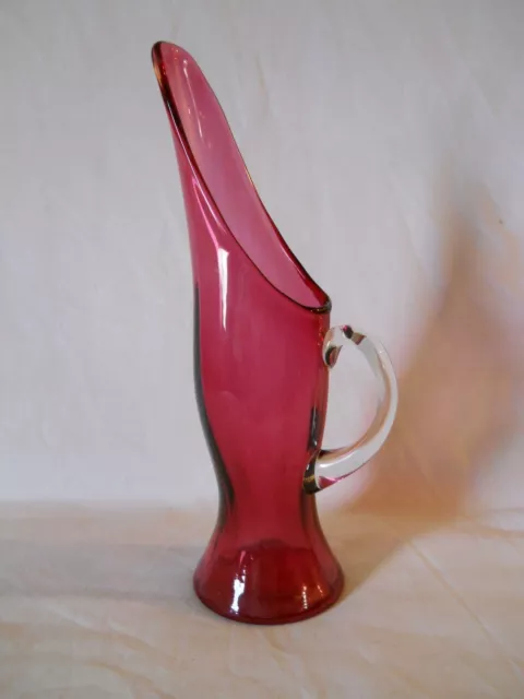 Mid Century Art Glass Pitcher Or Ewer In Cranberry Glass