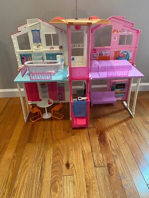BARBIE 3 STORY House 4 Room Rooftop Lounge Pop Up Umbrella Elevator