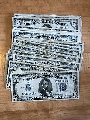 1934 Five Dollar Blue Seal Note Silver Certificate Old US Bill $5 Free Shipping