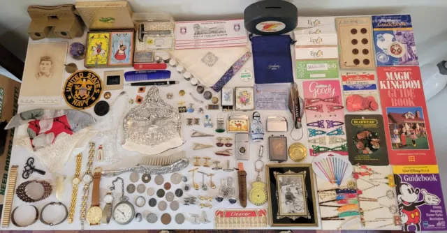 Amazing Vintage Junk Drawer Lot Silver Plated Dust Pan & Brush, Watches, Coins..