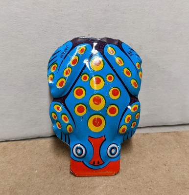 Vintage Blue Yellow Red Frog Tin Litho Clicker Toy Japan