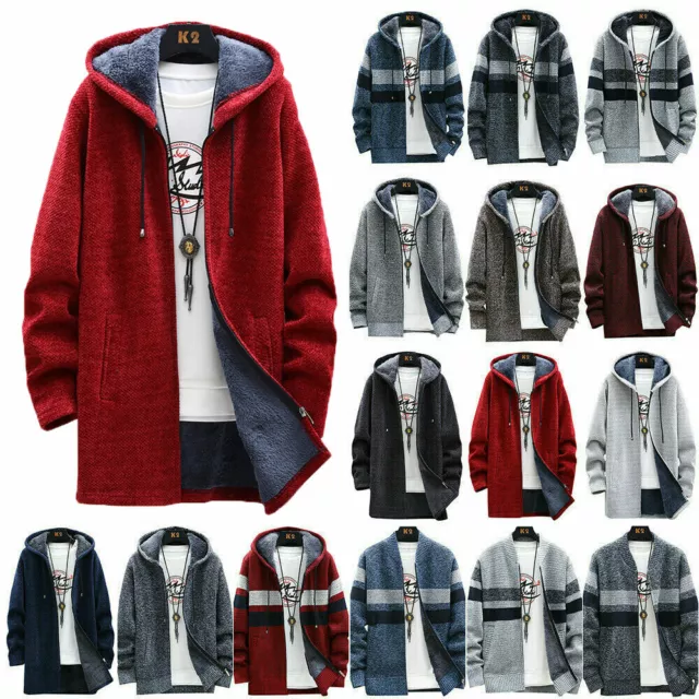 Men Thick Warm Fleece Lined Long Hoodie Winter Zip Up Coat Jacket Sweatshirt Top