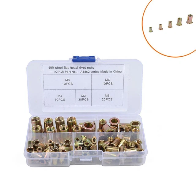 100 pz kit rivetti dadi tappo dadi set strumenti dadi filettatura borchie inserto