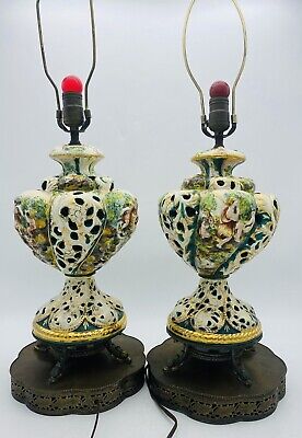 Vintage Capodimonte Table Lamps Pair Italy Large 28" Cherubs Gold Leaf