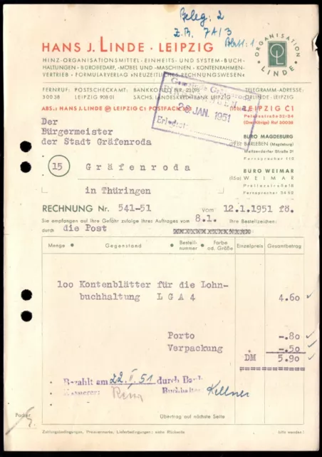 Rechnung, Fa. Hans J. Linde, Leipzig, Bürobedarf, 12.1.51