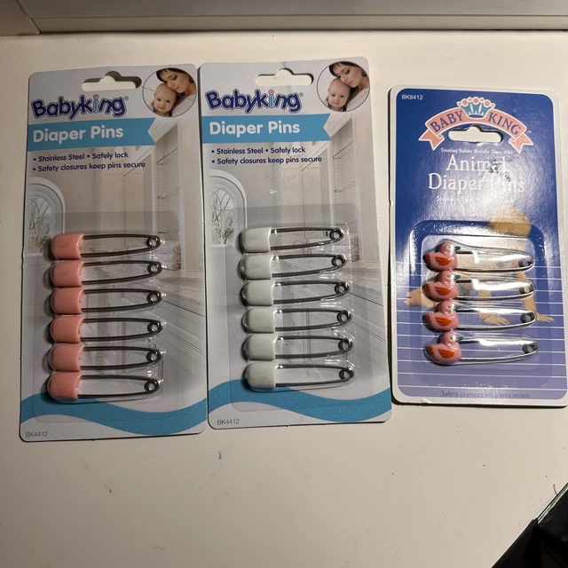 Alfileres de pañales vintage Baby King bebé 3 paquetes de acero inoxidable rosa blanco