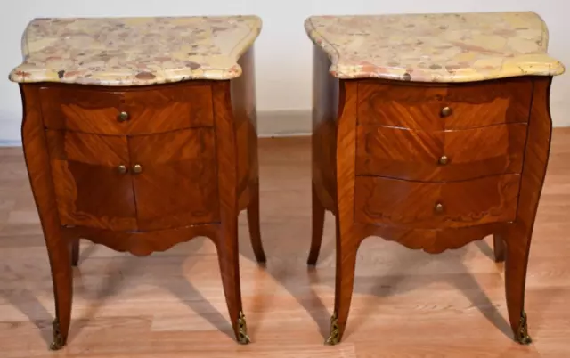 1900 Antique French Louis XV Walnut inlaid Marble top Nightstands Bedside tables