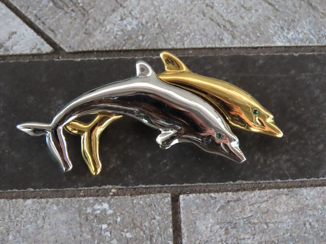 dolphin pin costume jewelry brooch silver gold tone 2-7/8" fish beach nautical