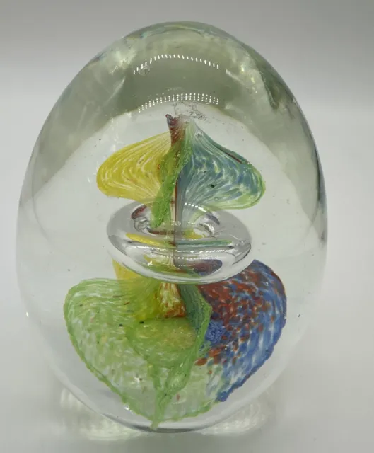Large Egg Shaped Clear Glass Paperweight Hand Blown Multicolored Sommerso 5” H