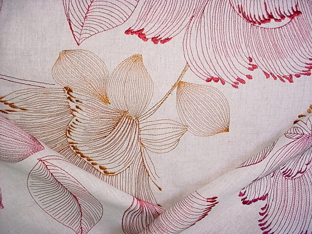3-1/2Y Kravet Lee Jofa Ecru Berry Embroidered Floral Linen Upholstery Fabric