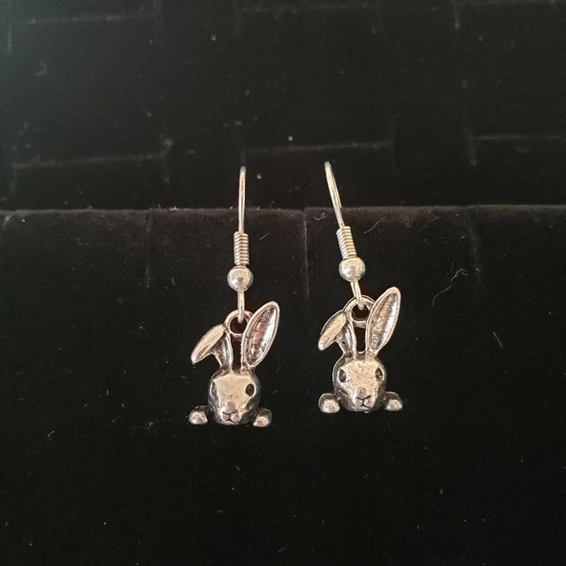 Boucles d'oreilles pendante tête de lapin argentée #CKDB