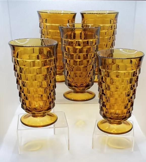 Vintage Indiana Whitehall Colony Cubist Amber Water Tea Glasses Set Of 5 EUC