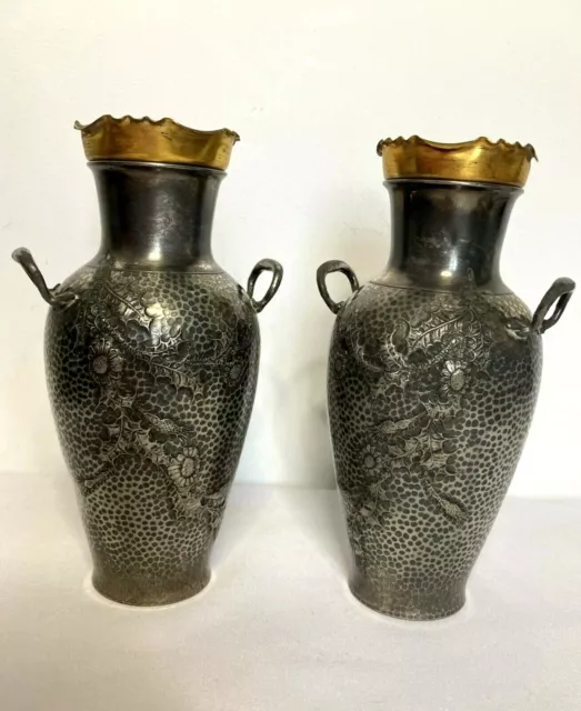Art nouveau paire de vases étain décor chardon galuchat vers 1900