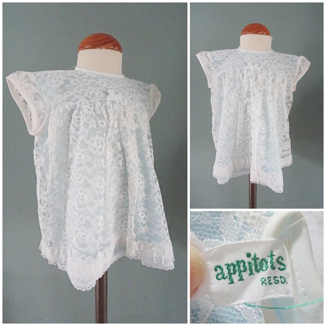 Abito vintage per bambini anni '60 blu nylon bianco pizzo ragazze appendiabiti anni '60