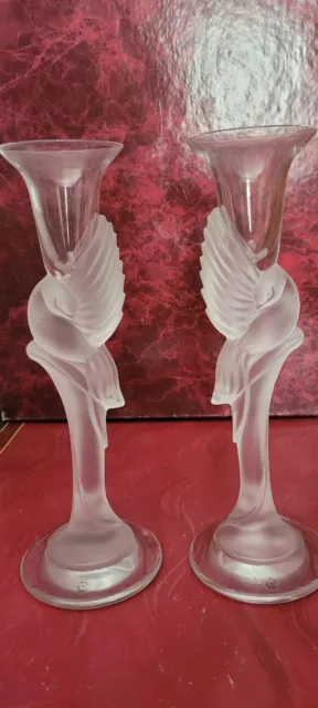 Igor Carl Faberge Pair of Signed Frosted French Crystal Dove Candlestick Holders