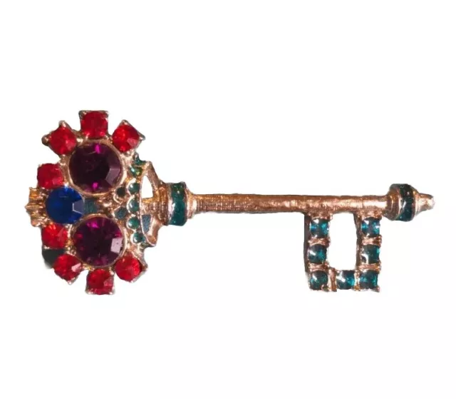 Key Brooch Pin Vintage Weiss Style Colorful Stones Silver Tone