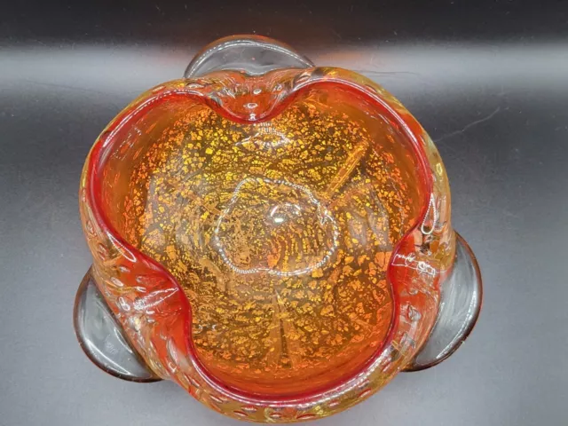 Murano Art Glass Bowl Ashtray Red Orange Silver Aventurine Barovier Toso Italy