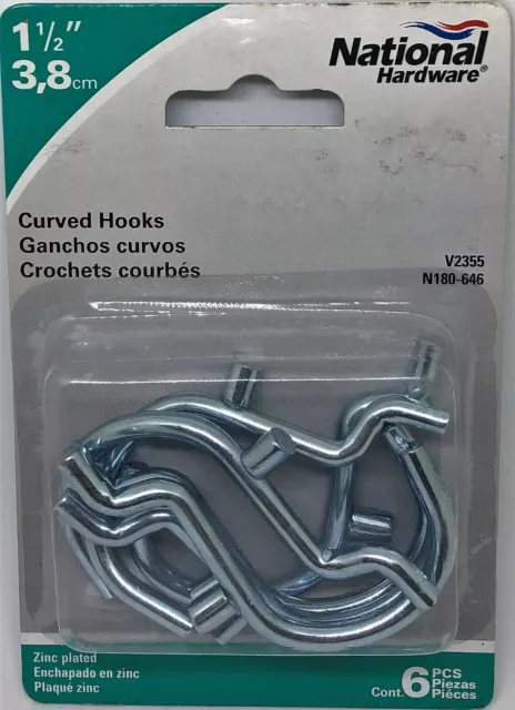 National Hardware 1-1/2" HEAVY DUTY CURVED HOOKS #N180-646 Pack of 6 - 1/4" peg.