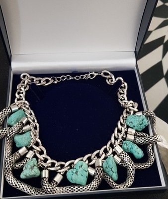 TURQUOISE GEMSTONE NUGGET in silver 4 strand charm necklace
