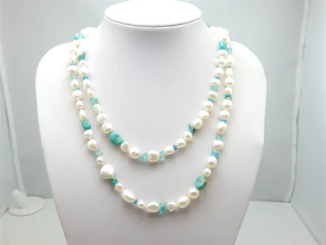 Freshwater & Coin Pearls Turquoise Nuggets & Chip Beads Necklace Sterling Silver