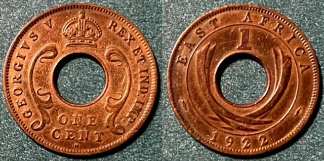 East Africa 1922 H 1 Cent - George V KM-22 Bronze aUNC #21 - US Seller