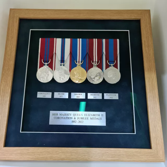 Framed Queens Coronation And Jubilee Medal Set