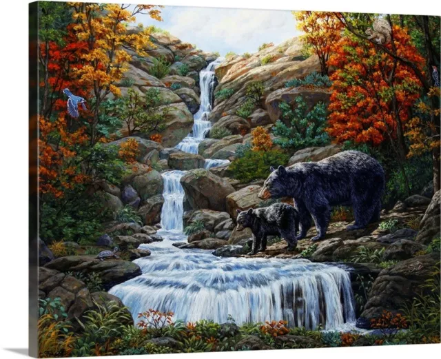 Black Bear Falls Canvas Wall Art Print, Bear Home Decor