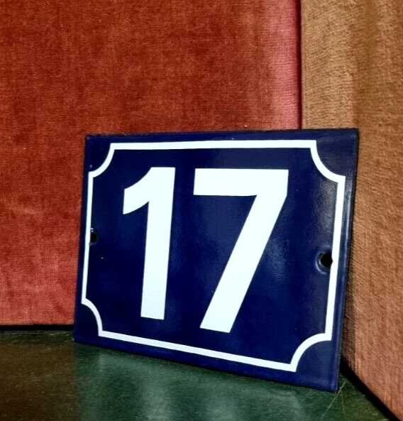 French vintage enamel house sign number 17 for door , gate , wall , street .