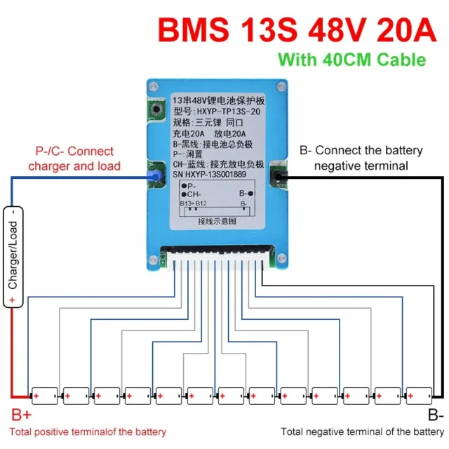 BMS 13S 48V Li- Lithium Pack Balancer Charge Board Equalizer  Common/Separate Port for Escooter(20A) 