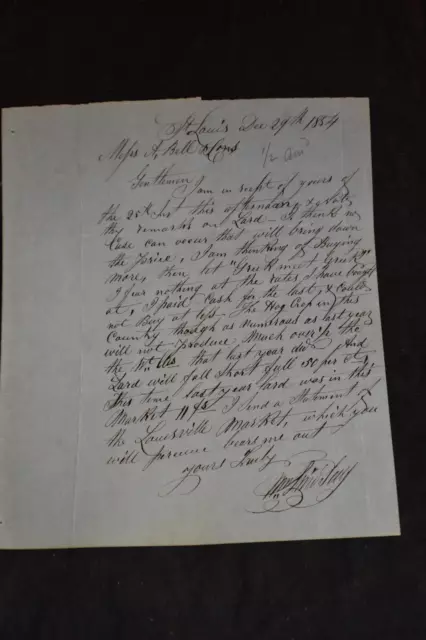 1854 William Lindsay Letter St Louis, Mo to Abraham Bell about LARD