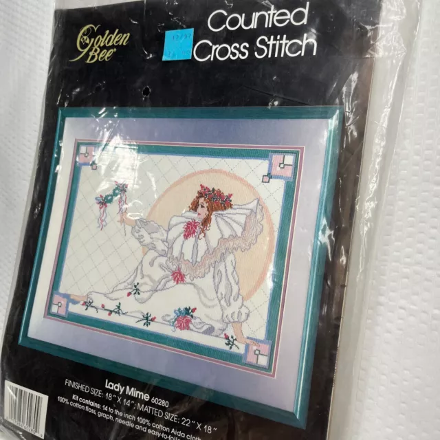 Golden Bee Lady Mime 1987 NOS Counted Cross Stitch Kit Finished Size 18"X14"