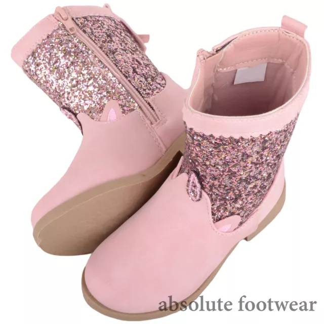 Childrens Kids Girls Glittery Unicorn Zip Up Cow Girl Ankle Boots