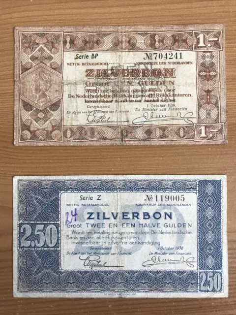 2 X Netherlands Banknotes. 1 & 2.5 Gulden. Dated 1938.