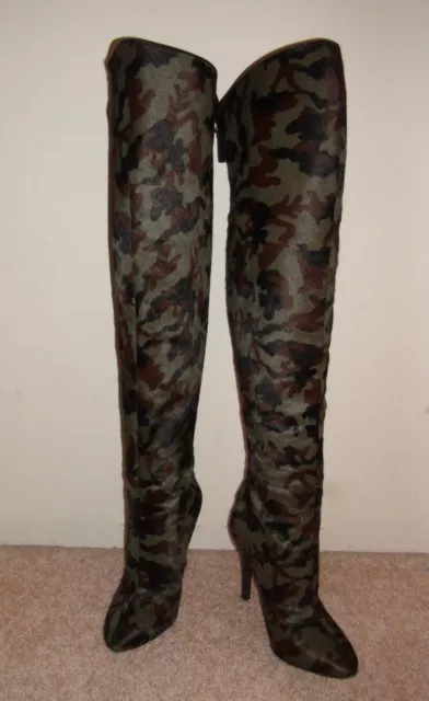 Nine West Bam Women Calf Hair Camo Brown Green Over the Knee Boots Size 5.5