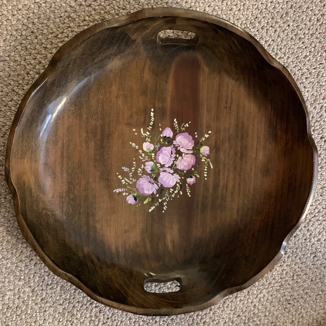 Handcrafted Painted WOODEN BOWL Purple Flowers Lacquered