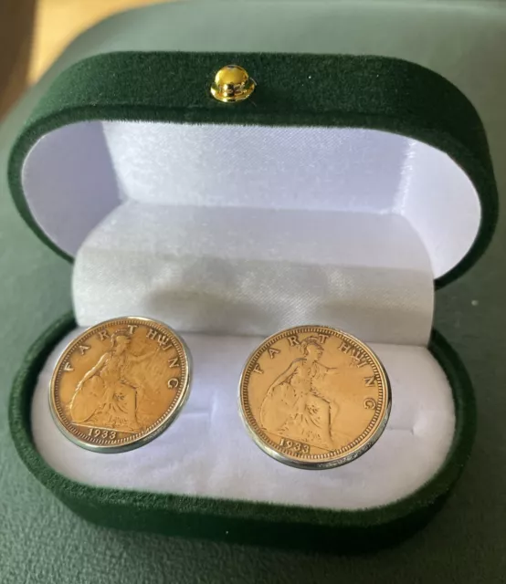 Pair Of Cufflinks Set With Polished 1933 Farthings