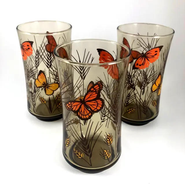 Vintage Set of 3 Monarch Butterfly & Wheat Smoked Juice Glasses By Libbey 5"