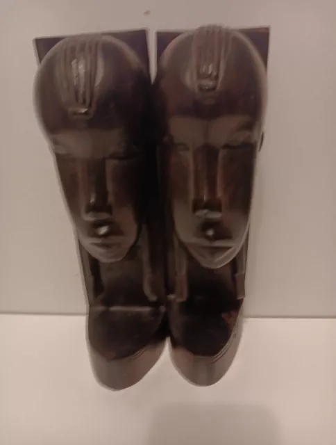 Pair African Tribal Ebony Bookends Hand Carved Woman & Man Bust Heavy 11"