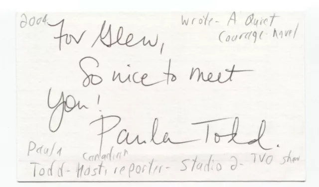 Paula Todd Signed 3x5 Index Card Autographed Signature Writer Journalist