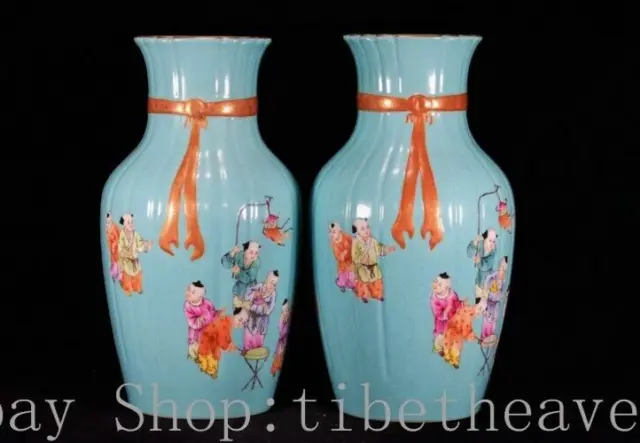 12" Qianlong Marked Old Chinese Pastel Porcelain Palace Tongzi Vase Pair