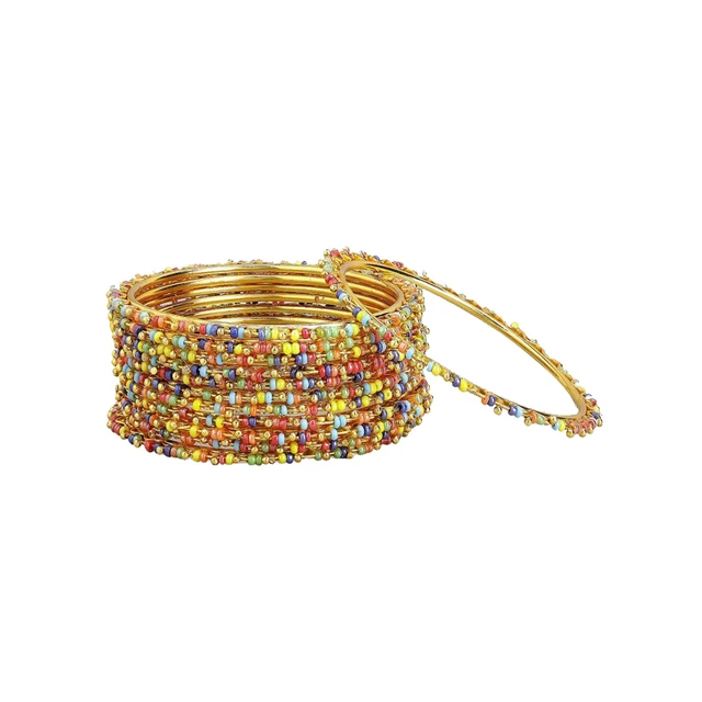 Indian Bollywood Multi Color Beads Bangles Set 12pcs Gold Plated Wedding Jewelry
