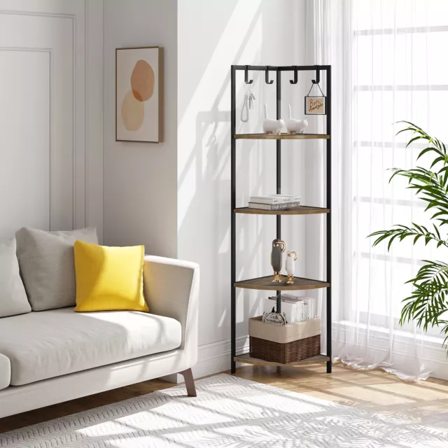 4 Tier Corner Shelf Ladder Shelving Unit Display Bookshelf Storage Rack w/ Hooks