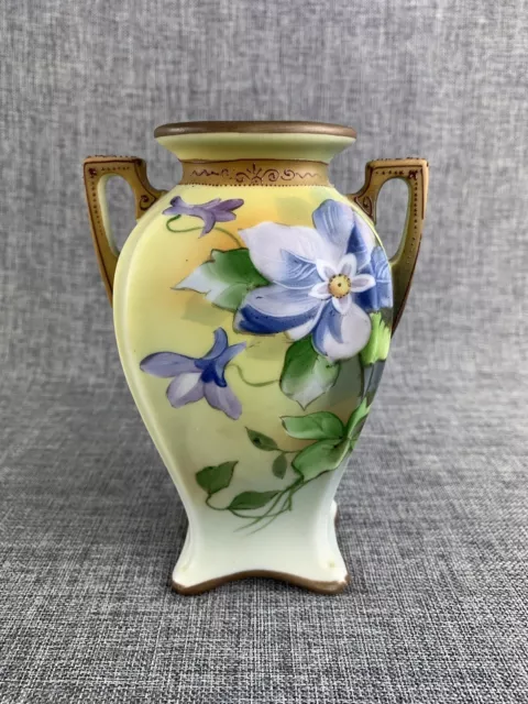 Hand Painted Morimura Nippon Floral Vase Double Handle Moriage Trim 5.75 Inches