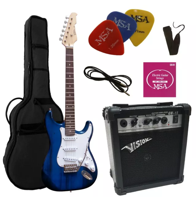 E-Gitarre ST5 dunkelblau, im Set,Verstärker GW15,Tasche,Band,Kabel,Saiten,Pik