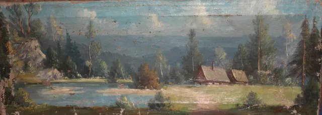 Antikes impressionistisches Ölgemälde Waldflusslandschaft Hütten signiert