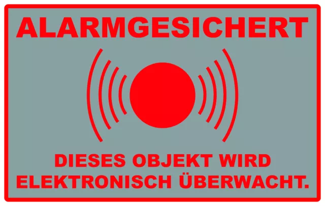 5x Alarm gesichert, Alarmanlage, Überwacht Aufkleber 8x5 cm, Silber/ Rot