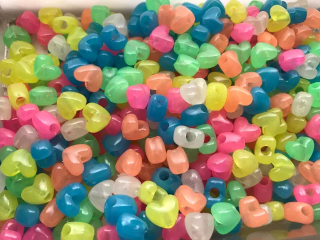 1000 x Mixed Colour Heart Pony Beads Jewellery Craft Plastic Glow in the Dark