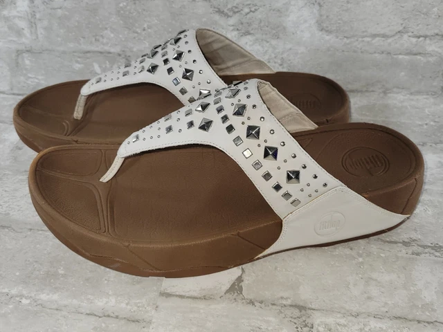 FitFlop Women's Slip On Platform Thong Sandals Size 10M US White Studded Leather